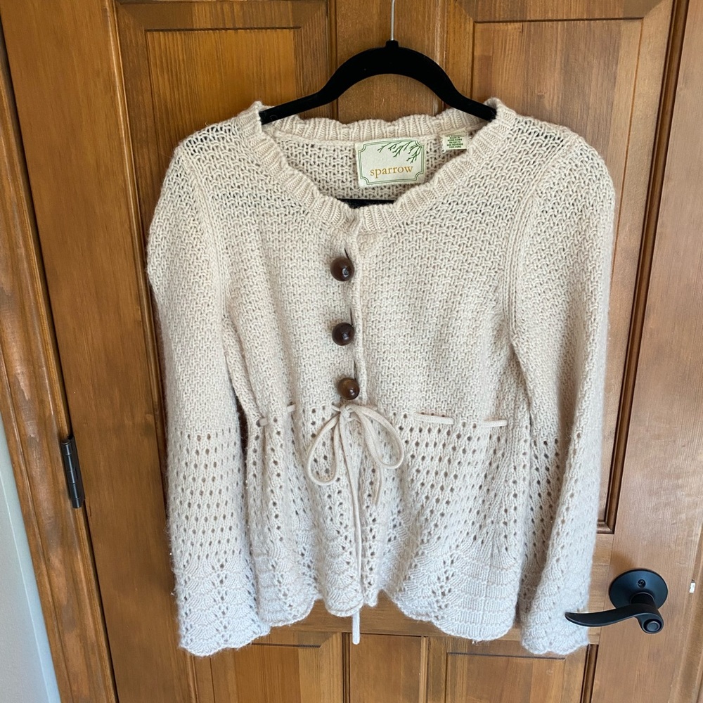 Anthropologie Sparrow S Cream Belted, Scalloped Button-Up Sweater